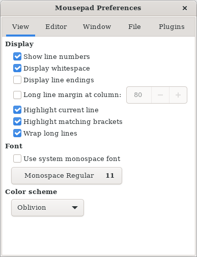 Mousepad View Preferences Window