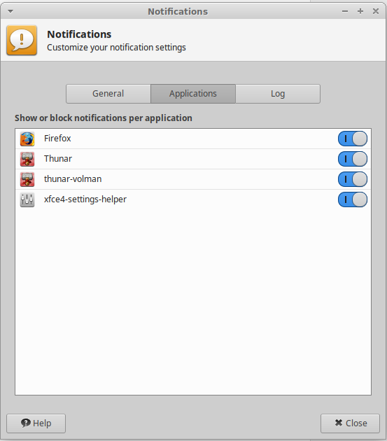 xfce4-notifyd Applications Settings Window