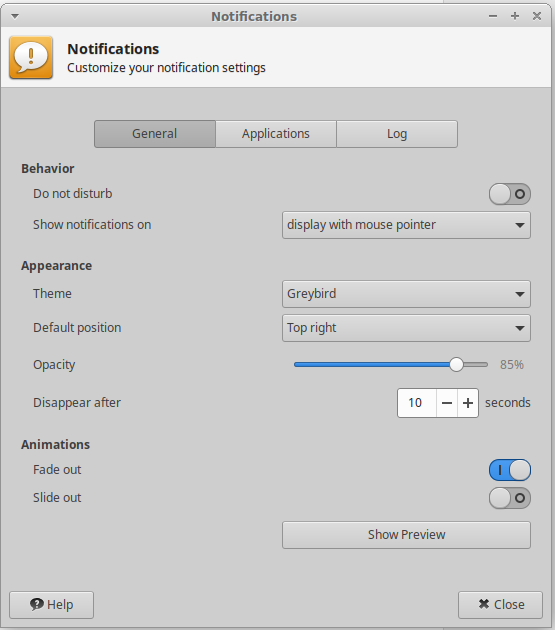 xfce4-notifyd General Settings Window