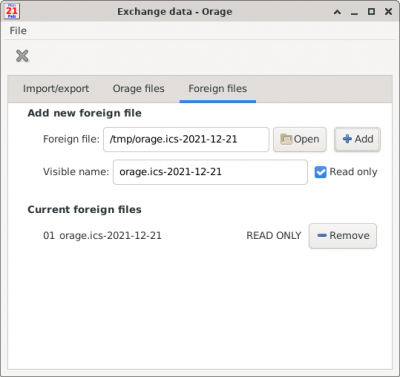 Orage Exchange Window - Foreign Files Tab