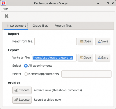 Orage Exchange Window - Import/Export Tab