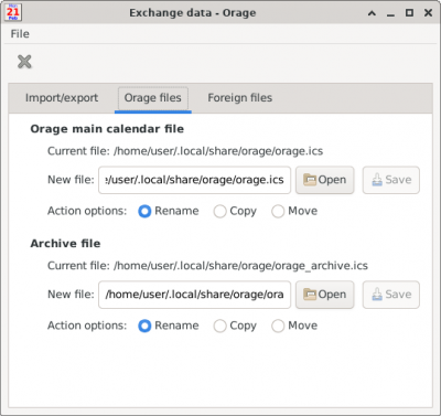 Orage Exchange Window - Orage Files Tab