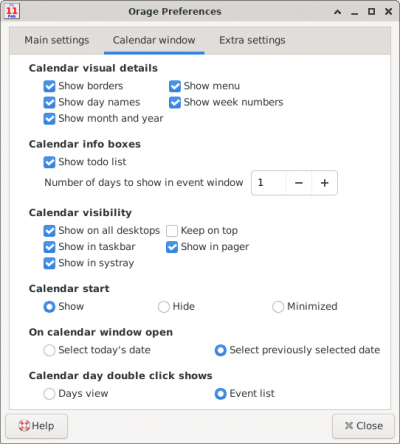 Orage Preferences Window - Calender Window Tab