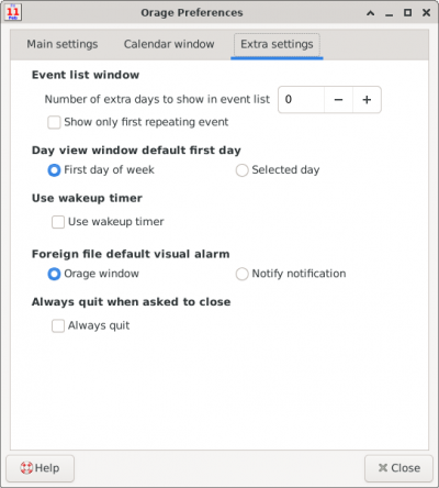 Orage Preferences Window - Extra Tab