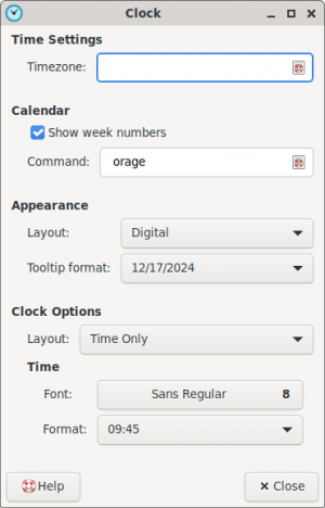 Clock Panel Plugin Preferences Window with Orage Command