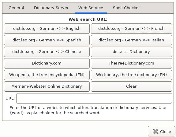 xfce4-dict Preferences Web Service Tab