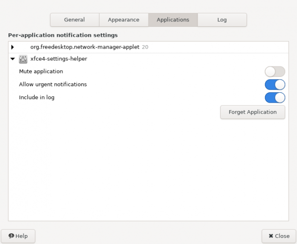 xfce4-notifyd Applications Settings Window