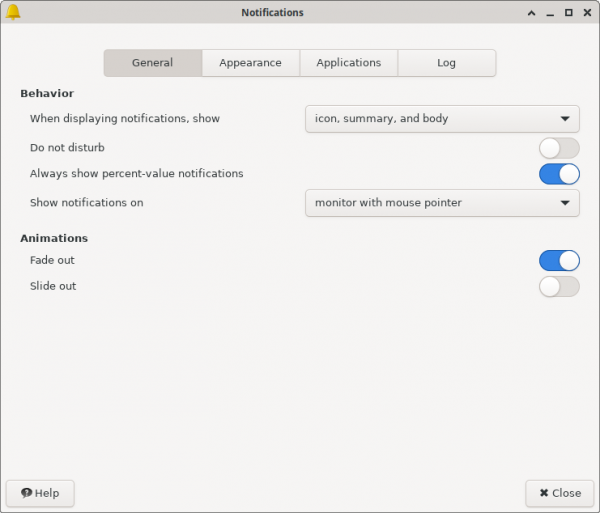 xfce4-notifyd General Settings Window