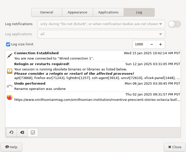 xfce4-notifyd Logging Settings Window