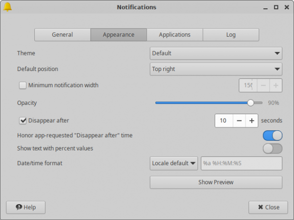 xfce4-notifyd Appearance Settings Window