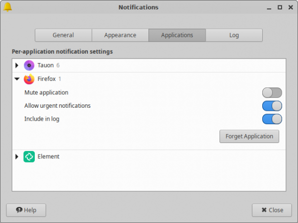 xfce4-notifyd Applications Settings Window