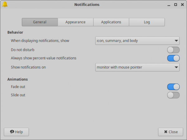 xfce4-notifyd General Settings Window