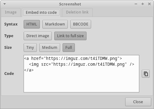 Imgur Embed into Code Dialog Window