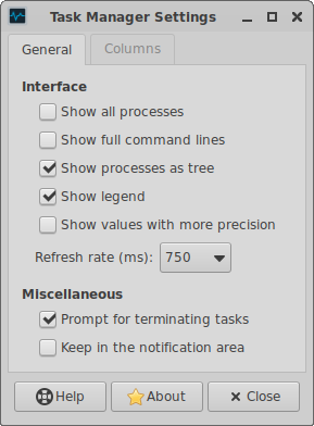 xfce4-taskmanager Settings > General