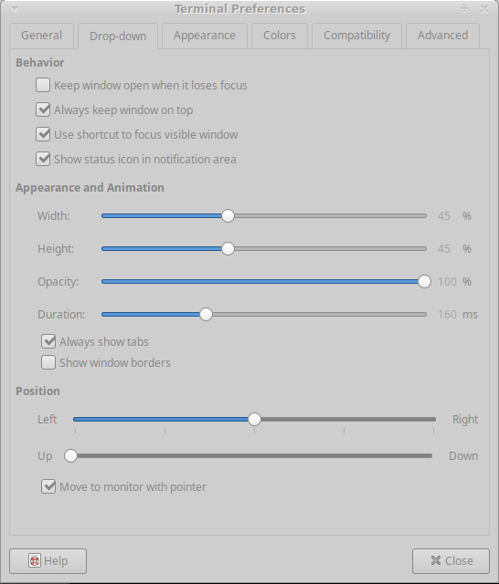 Drop-down Window Preferences