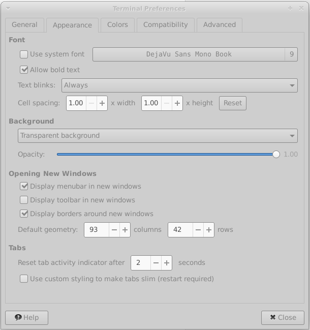 Terminal Preferences Appearance Tab Window