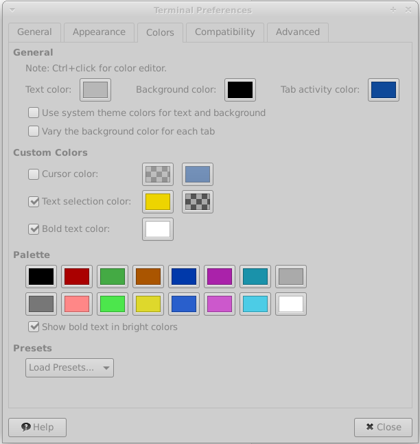 Terminal Preferences Colors Tab Window