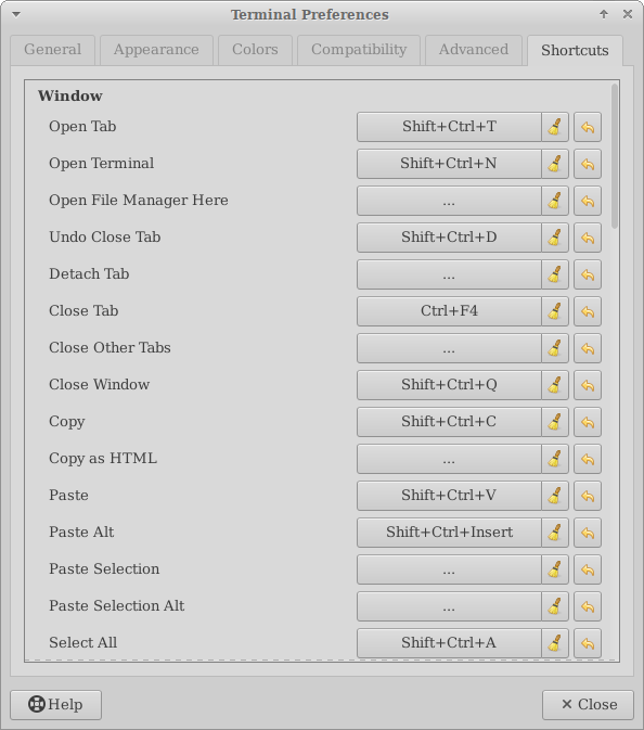 Terminal Preferences Shortcuts Tab Window