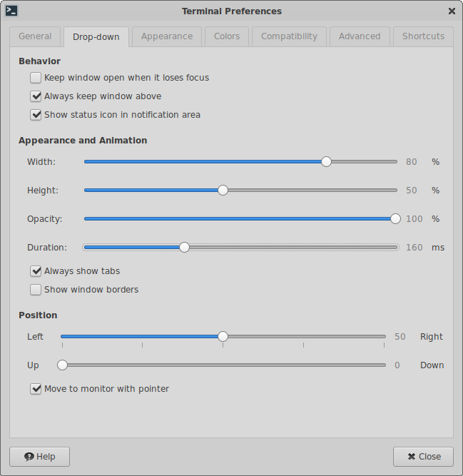 Drop-down Window Preferences