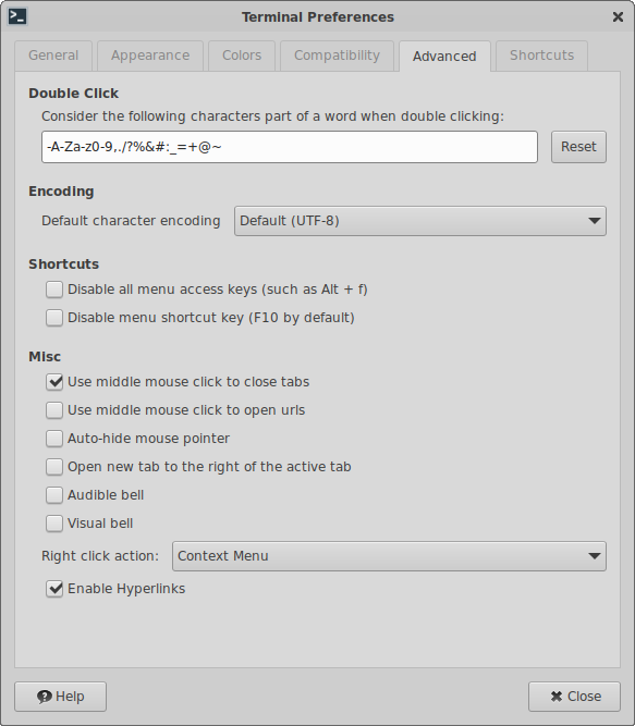 Terminal Preferences Advanced Tab Window