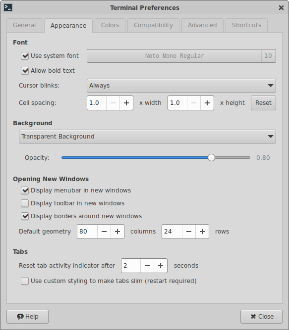 Terminal Preferences Appearance Tab Window