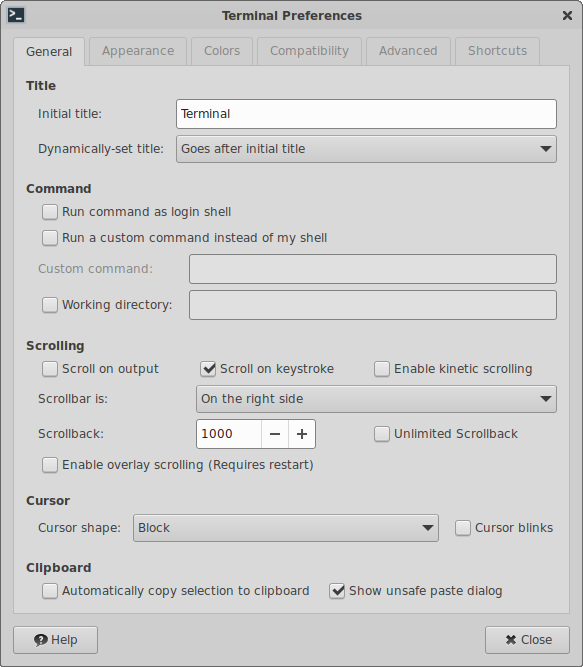 Terminal Preferences General Tab Window