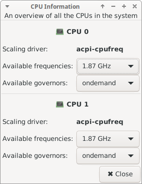 CPU Frequency Plugin: Overview Dialog Window