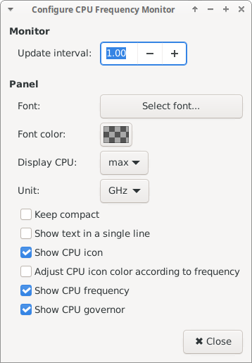 CPU Frequency Plugin: Preferences Dialog Window