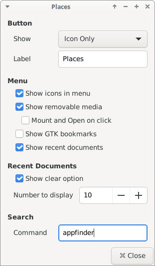 Places Plugin Properties/Preferences Dialog Window