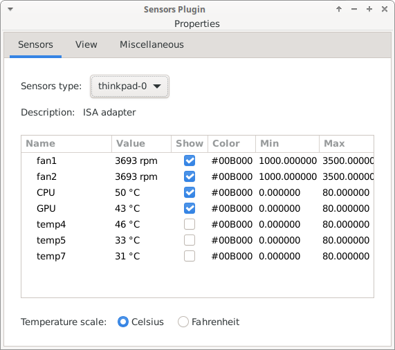 Sensors Plugin Properties Sensors Tab