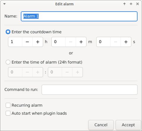 Timer Plugin Alarm Add/Edit Dialog Window