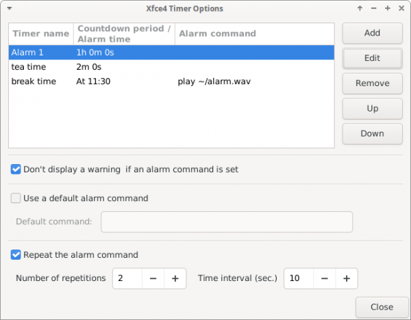 Timer Plugin Prefences Dialog Window