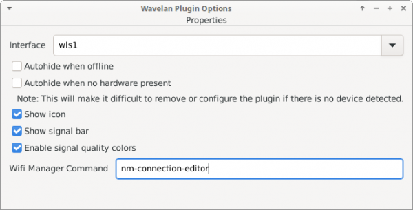 Wavelan Plugin Preferences Window