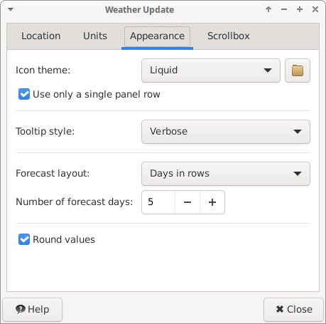 Weather Plugin Preferences Appearance Tab