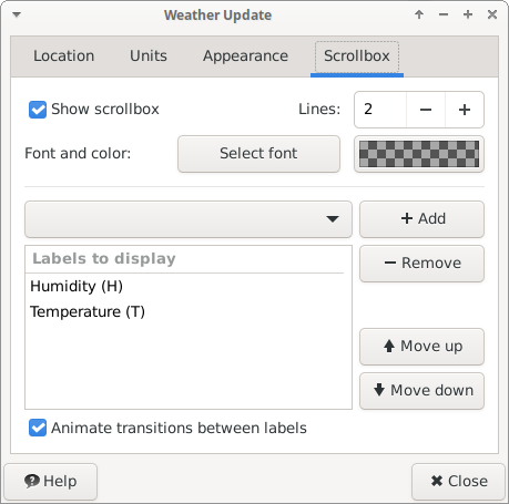 Weather Plugin Preferences Scrollbox Options Tab