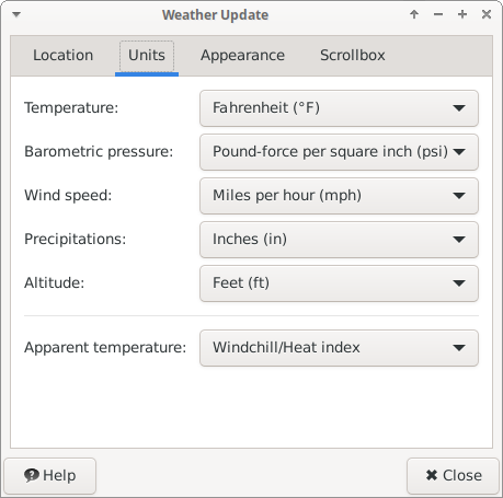 Weather Plugin Preferences Units Options Tab