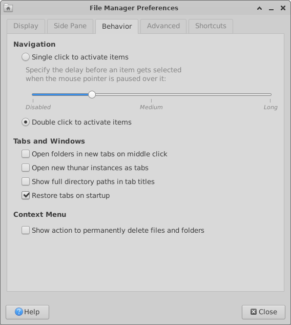 Thunar Behavior Preferences Tab Window