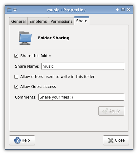 Thunar Share tab dialog window