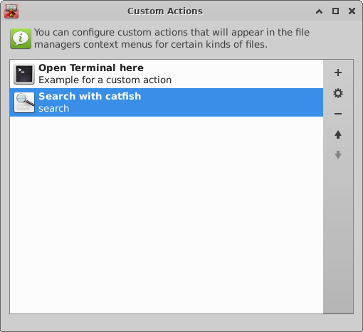 List of Custom Actions Dialog Window