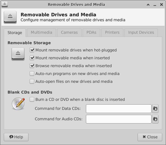 Removable Drives and Media dialog window