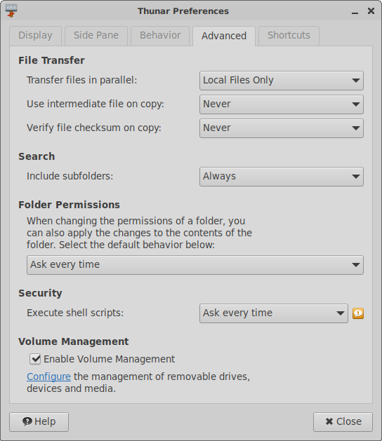 Thunar Preferences Advanced Tab