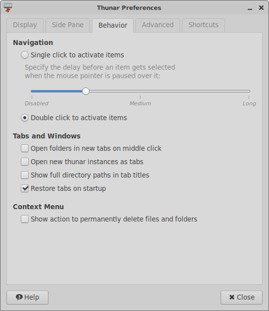 Thunar Prefernece Behavior Tab