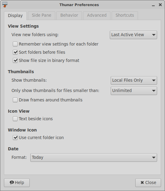 Thunar Preferences View Tab