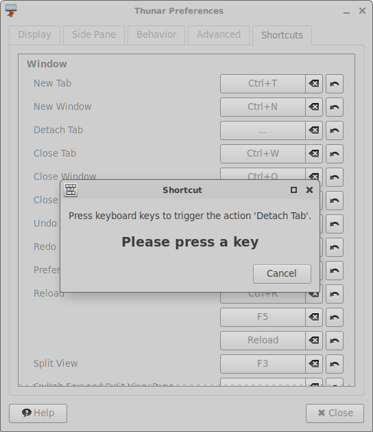 Thunar Preferences Shortcuts Editor Tab