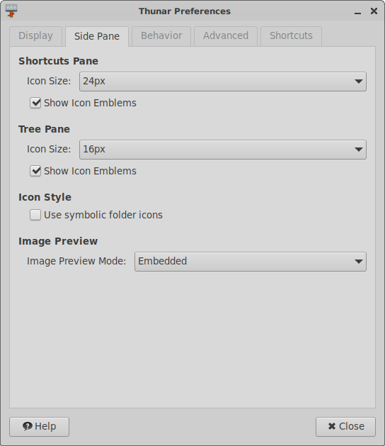 Thunar Preference Side Pane Tab
