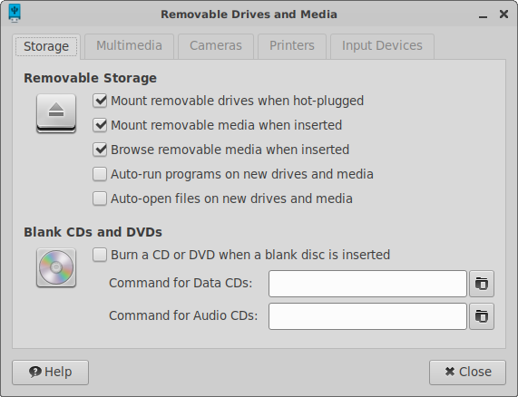 Removable Drives and Media dialog window