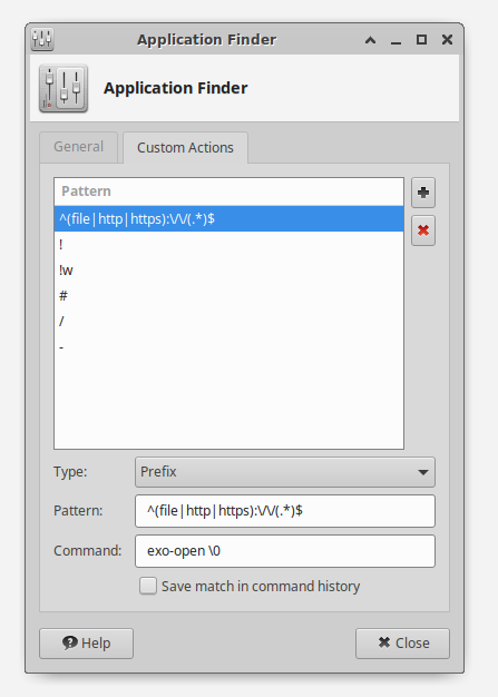 xfce4-appfinder Custom Actions Tab