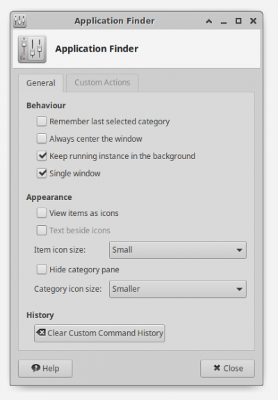 xfce4-appfinder General Preferences Dialog Window