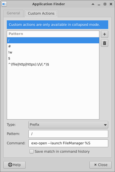 xfce4-appfinder Custom Actions Tab