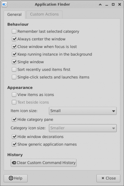 xfce4-appfinder General Preferences Tab